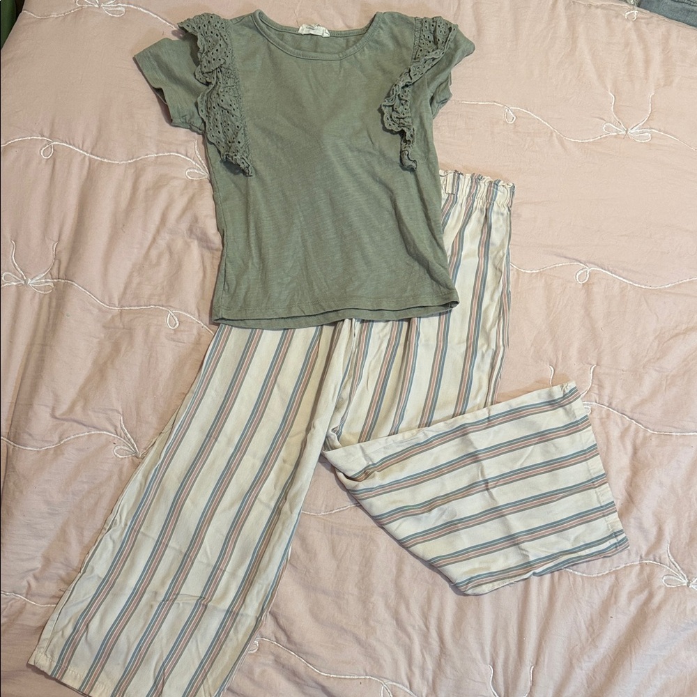 Kids Olive Green Lace-Sleeve Top with Striped Cream Pants